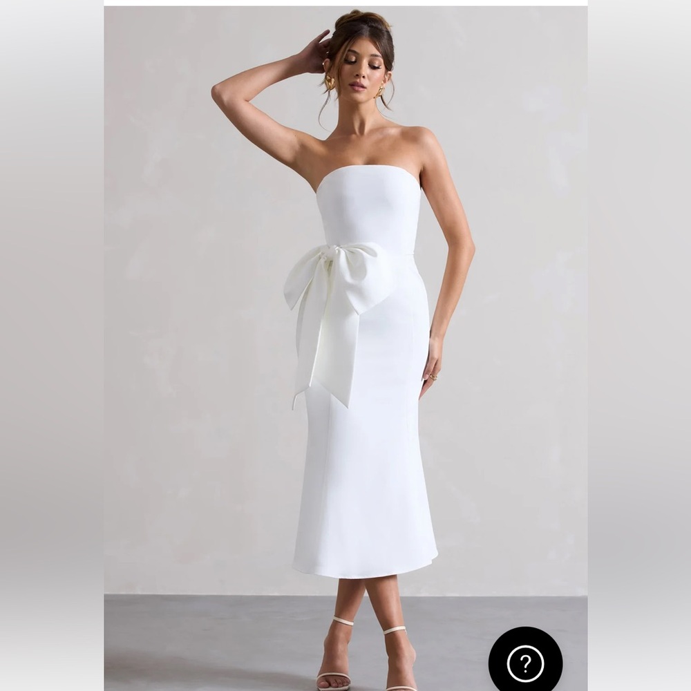 Club L London “to me” white bandeau with oversized bow midi strapless dress